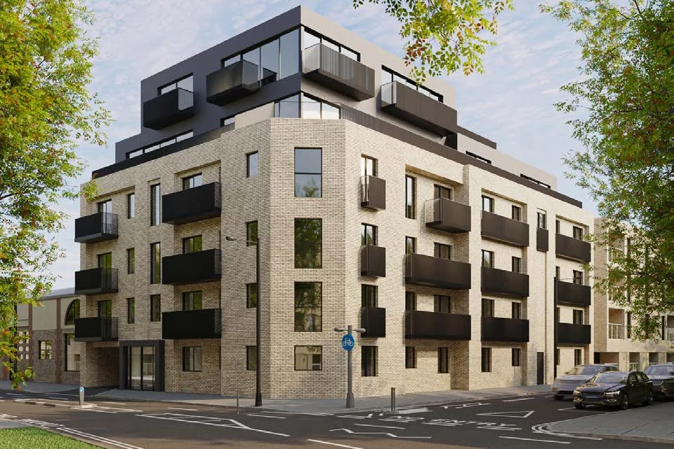 Street-corner exterior and balconies, Parkside Place architectural render