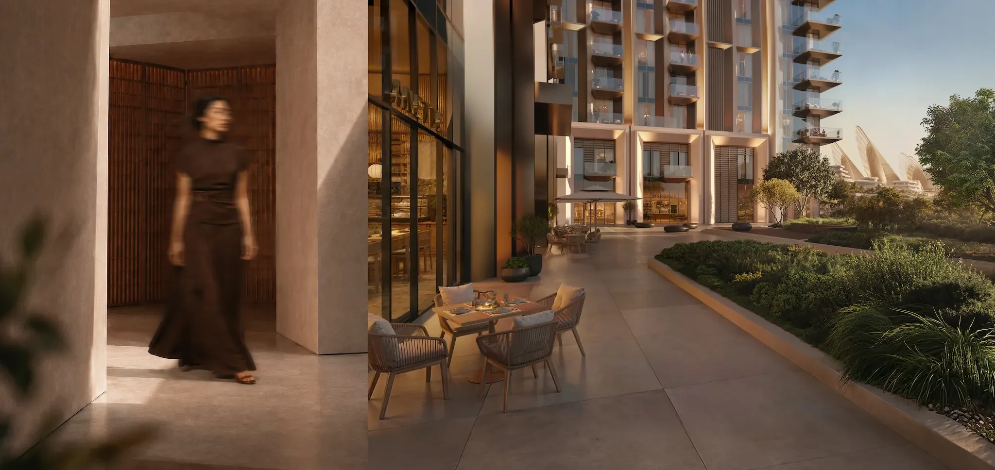 Sei Saadiyat residential façade and garden terrace, Aldar campaign render